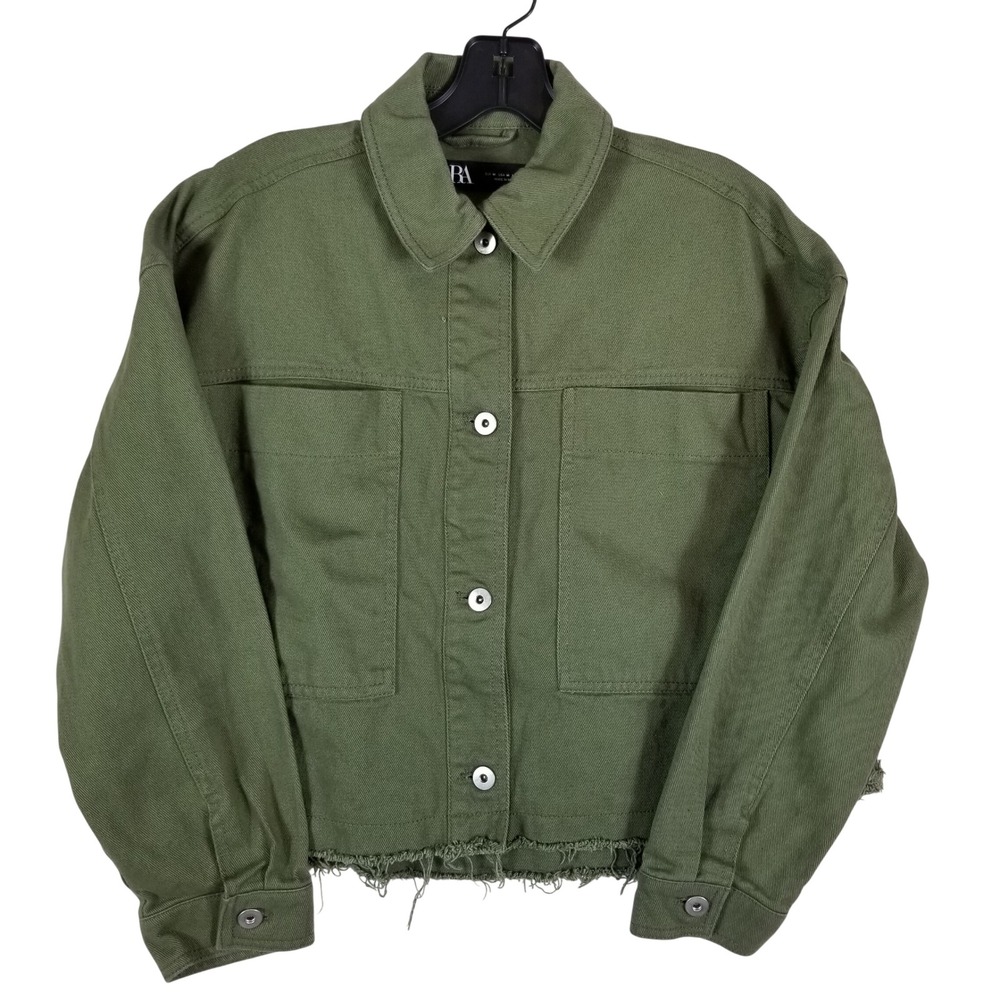 Zara Denim Jacket‎ Women Medium Olive Green Raw Hem Button Front Utility Pocket